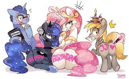 birthday blonde_hair blue_hair blush body_writing butt cake candle cherry derpy_hooves_(mlp) equine eyewear female feral food friendship_is_magic glasses hair headset horn horse letter male mammal marker multi-colored_hair my_little_pony pegasus pink_hair ponification pony princess princess_celestia_(mlp) princess_luna_(mlp) royalty suggestive suikuzu unicorn winged_unicorn wings writing yellow_eyes
Rating: Questionable
Score: 17
User: masterwave
Date: March 16, 2013