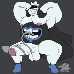 anthro balls belly belly_mouth big_arms big_balls big_belly big_moobs big_penis cape clothing genitals hands_behind_head male moobs penis slightly_chubby smile smiling_at_viewer solo tongue_around_penis nuknuks deltarune undertale_(series) king_spade hi_res