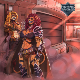 abs anthro armor belt big_breasts blonde_hair blood bodily_fluids breasts brush_tail clothing duo female gauntlets gloves hair handwear logo medium_breasts muscular muscular_anthro muscular_female muscular_thighs red_hair teeth throat_grab murchie drone_commander fel_(drone_commander) neph_(drone_commander) alien felid feline leopard lion mammal pantherine sekarri 1:1 absurd_res hi_res