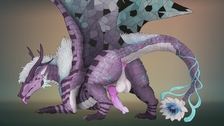 anus balls blue_eyes butt claws feral fur genitals grey_claws horn knot male mane penis perineum pink_anus pink_knot pink_penis purple_body purple_horn purple_scales scales solo ventral_scales white_body white_fur white_mane white_scales svevato mythology supreme_king_hyacinth dragon mythological_creature mythological_scalie scalie hi_res