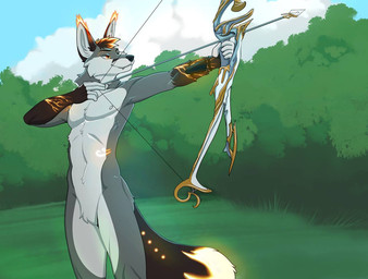 anthro archery male outside shooting solo rizzarts rusticarts_fur adenthepyro canid canine fox hybrid mammal