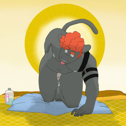 anthro arm_tattoo bed black_body black_fur bodily_fluids brown_eyes ear_piercing eyebrows facial_piercing flesh_tunnel fur furniture gauged_ear genital_fluids hair kneeling labret_piercing lip_piercing long_tail looking_back lube male on_bed on_towel piercing precum red_hair simple_background solo tail tattoo tongue tongue_out tongue_piercing towel whisker_spots yellow_background p_rindustries gale_(p_rindustries) felid mammal pantherine 1:1 2022 hi_res signature