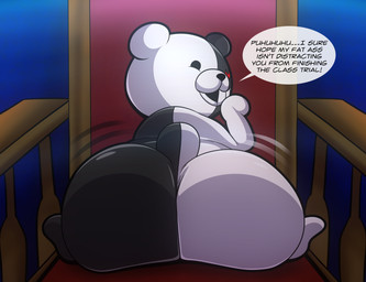 anthro big_butt butt chair dialogue furniture laughing_at_viewer male male_anthro motion_lines nude nude_anthro nude_male on_chair presenting presenting_hindquarters raised_arm shaking_butt sitting sitting_on_chair sitting_on_throne solo speech_bubble taunting text throne tepigfan101 danganronpa spike_chunsoft monokuma bear mammal 2025 absurd_res digital_media_(artwork) english_text hi_res