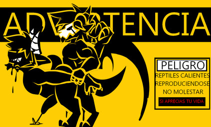 anthro black_body bodily_fluids bone butt_slap cum cum_inside duo genital_fluids genitals hand_holding male male/male penis skull skull_head slap smile text warning_sign roder_vasquez monster_fucker_sign mythology draco_(roder_vasquez) dragon mythological_creature mythological_scalie scalie character_request spanish_text