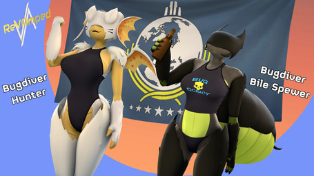 anthro arthropod_abdomen beer_bottle big_breasts bottle breasts clothing container duo female flag leotard revamped_anthros wings donglysfm jaller_arts_(modeler) helldivers democratic_bug arthropod bile_spewer hunter_(helldivers) insect terminid 16:9 3d_(artwork) 4k absurd_res digital_media_(artwork) hi_res source_filmmaker_(artwork) widescreen