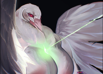 anthro areola beak beam big_areola big_breasts black_background bodily_fluids breasts broad_shoulders crying empty_eyes eyelashes feather_tuft feathered_wings feathers female glistening glistening_eyes head_tuft huge_breasts laser long_eyelashes multicolored_text neck_tuft nude nude_anthro nude_female open_mouth pink_areola pink_beak red_eyelashes red_eyes simple_background solo tears text three-quarter_view tuft white_body white_feathers white_text white_wings wings yseeart avian bird 2023 artist_name digital_drawing_(artwork) digital_media_(artwork) hi_res