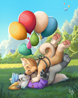 anthro anthro_on_anthro balloon black_claws black_nose black_pawpads blue_eyes blue_hair blue_sky bottomless claws clothed clothing day duo eyes_closed finger_claws fingerpads fur grass grey_body grey_fur hair inflatable kissing logo lying male male/male male_anthro nude on_back orange_body orange_fur orange_tail outside pawpads pink_pawpads plant purple_clothing purple_topwear short_hair sky tail tan_body tan_fur tan_tail topwear wavy_mouth white_body white_fur young young_anthro young_male pandapaco canid canine mammal artist_logo signature