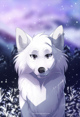 ambiguous_gender black_nose blue_eyes blurred_background cheek_tuft ear_piercing eyebrows eyelashes facial_tuft feral front_view fur head_tuft looking_at_viewer outside piercing plant sky smile smiling_at_viewer snow snowing solo tuft white_body white_eyebrows white_fur azzai canid canine canis mammal wolf 2016 colored digital_drawing_(artwork) digital_media_(artwork) shaded
