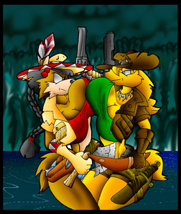 anthro australian axe big_breasts black_border black_hair blonde_hair boomerang border bottomwear breast_squish breasts breasts_frottage brown_eyes clothing crop_top duo female fur gloves gun hair handwear hat headgear headwear holster jacket jewelry knife necklace ranged_weapon shirt shorts squish tan_body tan_fur tomahawk topwear weapon yellow_body yellow_fur virus-20 june_coyote canid canine canis coyote dingo mammal 2009 digital_media_(artwork)