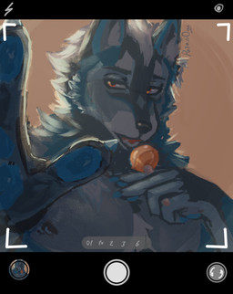 anthro bangs black_bars blue_body blue_fur camera camera_hud camera_overlay camera_view candy dessert food fur grey_body grey_fur handpaw lollipop looking_at_viewer low_light male orange_eyes paws pecs simple_background solo tired_eyes paran0ya axel_(axelhowl) canid canine canis mammal wolf absurd_res hi_res letterbox