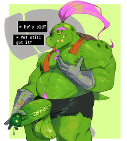 anthro armor balls beard big_balls big_penis bodily_fluids body_hair chest_hair clothed clothing dripping erection facial_hair gauntlets genital_fluids genitals glans gloves green_balls green_body green_penis hair hand_on_penis handwear huge_penis humanoid_genitalia humanoid_penis looking_at_viewer male mature_male musclegut muscular muscular_anthro muscular_male nipples one_eye_closed pec_grab pecs penis penis_poking_out penis_through_fly pink_hair ponytail precum precum_drip pubes shell simple_background solo sweat text tongue tongue_out topless topless_anthro topless_male turtle_shell vein veiny_penis fungirussy deltarune undertale_(series) gerson gerson_boom_(deltarune) reptile scalie turtle english_text hi_res portrait three-quarter_portrait