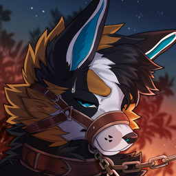 anthro bdsm black_body black_fur blue_body blue_eyes blue_fur bodily_fluids bondage bound brown_body brown_fur chain collar ears_up frown fur gradient_background leaf leash leather looking_at_viewer male muzzle_(object) nervous plant sad simple_background sky solo star starry_sky sweat sweatdrop tree white_body white_fur luterre flynn_(itseubean) canid canine canis dobermann domestic_dog mammal pinscher 1:1 hi_res icon