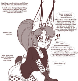 anthro bite biting_lip bottomwear breasts chest_tuft clothing dialogue dipstick_ears ear_markings ellipsis eyebrow_through_hair eyebrows eyelashes female fur gloves_(marking) hair inner_ear_fluff interrobang long_ears markings multicolored_ears ponytail profanity shirt shorts solo speech_bubble spots spotted_body spotted_fur text time_stop topwear translucent translucent_hair tuft scorpdk mara_(scorpdk) felid feline lynx mammal 2022 digital_media_(artwork) english_text hi_res