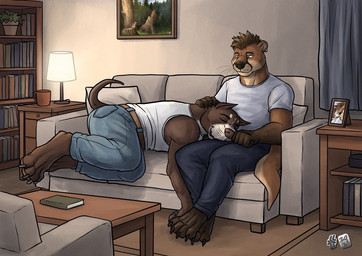 anthro anthro_on_anthro barefoot black_claws black_nose blue_bottomwear blue_clothing blue_pants book bookshelf bottomwear brown_body brown_fur brown_hair brown_nose claws clothed clothing denim denim_bottomwear denim_clothing duo ear_piercing ear_ring eyebrow_piercing eyes_closed facial_piercing feet fur furniture green_eyes grey_claws hair jeans lamp lying male male/male mouth_closed multiple_piercings narrowed_eyes on_side pants piercing ring_piercing shirt short_hair sitting sleeping tan_body tan_fur toe_claws topwear whiskers white_body white_clothing white_fur white_shirt white_topwear hufnaar canid canine canis domestic_dog mammal mustelid otter 2026 dated