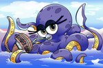 barrel beak beverage brown_eyes drinking_straw eyelashes female feral keg soda solo tentacles water naysu croc_(series) soveena_the_squid cephalopod coleoid decapodiform marine mollusk squid absurd_res hi_res