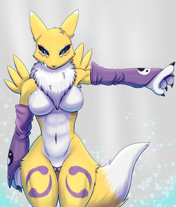 4_fingers abs anthro armwear armwear_only black_claws black_sclera blue_eyes breasts butt butt_from_the_front cheek_tuft claws clothing countershade_torso countershading eyelashes facial_tuft featureless_breasts featureless_crotch female finger_claws fingers front_view fur fur_tuft markings medium_breasts mostly_nude pose purple_armwear purple_body purple_clothing purple_markings solo tail thick_thighs thigh_gap tuft white_body white_breasts white_countershading white_ears white_fingers white_fur white_hands white_tail wide_hips yellow_arms yellow_body yellow_ears yellow_fur yellow_legs yellow_tail saikyoryuuougi bandai_namco digimon canid canine digimon_(species) mammal renamon 2025 absurd_res hi_res
