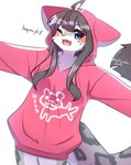 ahoge anthro blue_eyes blush bottomless breasts clothed clothing female female_anthro fluffy fluffy_tail fur grey_body grey_fur grey_hair hair hoodie hoodie_only kemono looking_at_viewer multicolored_body multicolored_fur multicolored_tail one_eye_closed open_mouth open_smile pink_clothing pink_hoodie pink_topwear simple_background smile solo tail teeth text tongue topwear topwear_only white_background white_body white_fur wink nachiwanko snow_leopard_(nachiwanko) felid mammal pantherine snow_leopard 2021 digital_media_(artwork) english_text hi_res signature