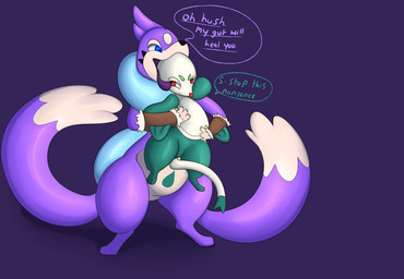 2_tails ambiguous_gender ambiguous_pred ambiguous_prey anthro anthro_pred anthro_prey blue_body blue_eyes color_coded color_coded_speech_bubble color_coded_text dialogue dipstick_tail duo fur fur_markings green_body green_fur holding_another imminent_vore markings multi_tail narrowed_eyes open_mouth purple_background purple_body purple_fur purple_insides purple_tongue red_eyes resisting simple_background speech_bubble standing struggling struggling_prey tail tail_markings talking_to_another text tongue tongue_on_head tongue_out unwilling_prey white_body white_fur willing_pred leafysnivy nintendo pokemon floatzel generation_4_pokemon generation_5_pokemon mienfoo pokemon_(species) absurd_res english_text hi_res
