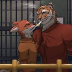 1:1 anthro back_to_the_dawn canid canine cigarette cigarette_in_mouth clothing duo felid fox hi_res john_(bttd) male male/male mammal miaolegemi821 muscular object_in_mouth pantherine prison prison_cell prison_uniform shirt_grab smoke thomas_(bttd) tiger