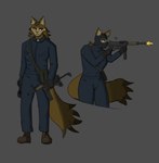 anthro balaclava bandolier clothing coveralls female gun jumpsuit m3_grease_gun mask ranged_weapon shooting silencer solo standing submachine_gun weapon weapon_on_shoulder bertofdirt carol_(bertofdirt) domestic_cat felid feline felis maine_coon mammal hi_res