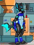 anthro clothing drone industrial_background latex latex_clothing machine male null_bulge reprogramming shark_tail solo blue_omega protogen robot absurd_res hi_res