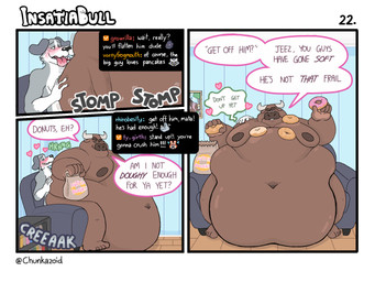anthro armchair belly belly_overhang big_belly blush blushing_profusely bodily_fluids brown_body brown_fur chair chat_box dessert doughnut drooling duo eating food food_on_body fur furniture grey_body grey_fur heart_symbol holding_food holding_object huge_belly livestream male male/male moobs morbidly_obese morbidly_obese_male multicolored_body multicolored_fur nipples nude_male obese obese_male overweight overweight_male pastry saliva sitting_on_another sound_effects text weight_difference white_body white_fur chunkazoid bovid bovine canid canine canis cattle domestic_dog mammal 4:3 comic english_text hi_res