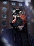 anthro clothing detailed_background fur horn male orange_eyes red_body red_fur semi-realistic smile solo renebe canid canine canis mammal wolf absurd_res digital_drawing_(artwork) digital_media_(artwork) half-length_portrait hi_res portrait signature