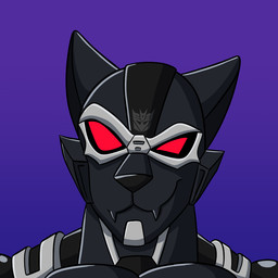 anthro black_body decepticon forehead_mark machine male purple_background red_eyes simple_background smile smirk solo square flameyverdantfire hasbro takara_tomy transformers ravage cybertronian felid jaguar living_machine mammal pantherine robot 1:1 portrait