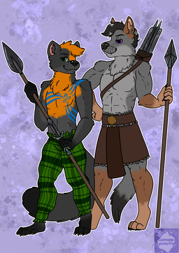 abs anthro bodypaint bottomwear clothing dagger duo javelin kilt leather male male/male melee_weapon muscular pants plaid polearm quiver_(object) spear weapon woad arwenscoots conditional_dnp canid canine canis gulonine mammal marten mustelid musteline pine_marten wolf hi_res