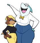 anthro blue_body bow_tie brown_body brown_fur duo eyeshadow female fur makeup scarf sharp_teeth teeth wide_hips lovetopullmicke hanna-barbera jabberjaw jellystone_(hbo_max) loopy_de_loop jabberjaw_(character) loopy_(loopy_de_loop) canid canine canis fish mammal marine shark wolf absurd_res hi_res