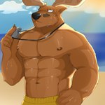 anthro antlers barazoku beach biceps black_nose bodily_fluids bottomwear brown_body brown_fur brown_tuft clothed clothing cloud cloudy_sky deer_ears facial_scar fur holding_object holding_whistle horn lifeguard light male muscular muscular_anthro muscular_arms muscular_male nails nipples pecs sand scar sea shorts sky solo sunlight sweat sweaty_abs swimming_trunks swimwear topless topless_anthro topless_male tuft water whistle_(object) whistle_around_neck white_eyes yellow_bottomwear yellow_clothing yellow_shorts tommygame15 identity_v bane_(identity_v) deer mammal 1:1 hi_res