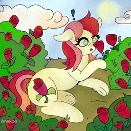 cloud exclamation_point female feral flower lying open_mouth plant rose_(flower) sniffing solo sun anykoe friendship_is_magic hasbro my_little_pony rose_(mlp) earth_pony equid equine horse mammal pony 1:1 hi_res signature