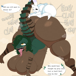 abdominal_bulge anthro balls big_balls big_breasts big_butt breasts brown_body butt duo female genitals huge_balls huge_breasts huge_butt male male/female penetration profanity text thick_thighs tongue tongue_out white_body yellow_eyes lokbunny17 lok_bunny dinosaur lagomorph leporid mammal prehistoric_species rabbit reptile scalie 1:1 english_text hi_res