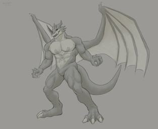 abs animal_genitalia anthro bodily_fluids cheek_spikes facial_horn facial_spikes front_view genital_slit genitals horn looking_at_viewer male male_anthro membrane_(anatomy) membranous_wings muscular muscular_anthro muscular_male narrowed_eyes nose_horn nude open_mouth pecs simple_background solo spikes spikes_(anatomy) standing sweat sweatdrop wings aduran bandai_namco digimon digimon_(species) exveemon 2022 absurd_res dated full-length_portrait hi_res monochrome portrait signature sketch