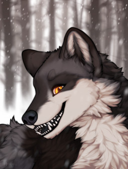 ambiguous_gender black_body black_fur black_nose cheek_tuft facial_tuft fangs feral forest fur grey_body grey_fur looking_at_viewer multicolored_body multicolored_fur outside plant smile snout snow snowing solo tan_body tan_fur teeth tree tuft winter yellow_eyes varness-crowe canid canine canis mammal wolf colored digital_drawing_(artwork) digital_media_(artwork) hi_res shaded