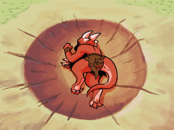 3_toes 4_fingers anthro bottomwear claws clothing crater dirt feet finger_claws fingers grass horn loincloth lying male on_ground plant red_body solo tail toes wristband tamlin123 yamcha_death_pose chili_(tamlin123) kobold scalie 2022 4:3