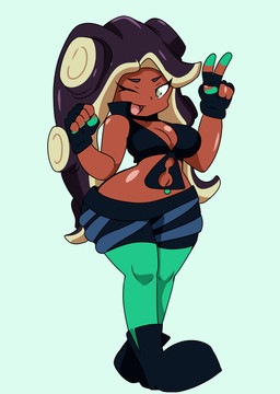 big_breasts breasts cleavage clothed clothing dark_body dark_skin female gesture hand_gesture one_eye_closed solo v_sign wide_hips wink aokushan nintendo splatoon marina_(splatoon) aquatic cephalopod humanoid mollusk octarian octoling absurd_res hi_res