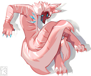3_toes 4_claws ambiguous_gender anthro blue_claws blue_eyes blue_gills blue_saliva bodily_fluids claws colored_saliva drooling feet fur gills looking_at_viewer pink_body pink_fur red_body red_fur saliva saliva_string side_eye simple_background solo striped_body striped_fur stripes toes unusual_bodily_fluids unusual_saliva white_background c4lypso11 kaiju_paradise aquatic cetacean dolphin gootraxian mammal pseudo_shork_(kaiju_paradise) toothed_whale 2026 absurd_res digital_drawing_(artwork) digital_media_(artwork) hi_res