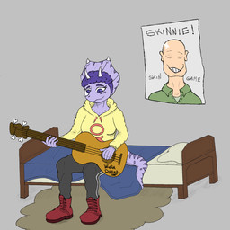 acoustic_guitar anthro bald bed bedding black_bottomwear black_clothing black_pants boots bottomwear breasts clothed clothed_anthro clothed_female clothing facial_horn female fingers footwear frill_(anatomy) front_view furniture glistening glistening_head green_clothing green_jacket green_topwear guitar hair holding_guitar holding_musical_instrument holding_object hoodie horn humanoid_hands jacket looking_down markings medium_breasts musical_instrument non-mammal_breasts on_bed pants pillow plucked_string_instrument poster_(object) purple_eyes purple_hair red_boots red_clothing red_footwear shoes short_hair sitting smile solo spots spotted_markings string_instrument striped_markings stripes topwear yellow_clothing yellow_hoodie yellow_topwear lorikani cavemanon_studios goodbye_volcano_high ko_op_(game_developer) snoot_game anon_(snoot_game) trish_(gvh) ceratopsian ceratopsid chasmosaurine dinosaur human mammal marginocephalian ornithischian prehistoric_species reptile scalie triceratops 1:1 colored hi_res shaded