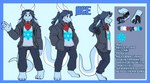 anthro barefoot black_paws black_tongue blue_body blue_fur blue_hair bottomwear brown_eyes clothing countershading digitigrade ear_piercing ear_ring facial_hair fangs feet floppy_ears fur goatee hair horn information jacket long_ears long_hair long_nails male pants pawpads piercing ring_piercing shirt snowflake solo tail tall teeth text tongue topwear bonestheskelebunny01 mythology ace_(kamex) bovid caprine dragon furred_dragon furred_scalie goat hybrid mammal mythological_creature mythological_scalie scalie 2022 absurd_res english_text hi_res model_sheet