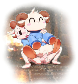 anthro balls biped black_eyes blue_clothing blue_shirt blue_topwear blush bodily_fluids bottomless chair_position clothed clothing duo erection female from_behind_position fur genitals hair half-closed_eyes horn hug humanoid_genitalia humanoid_penis male male/female narrowed_eyes open_mouth penetration penis plushie plushophilia sex shirt shirt_only sweat sweatdrop teeth tongue_showing topwear topwear_only vaginal vaginal_penetration vulva white_body white_fur white_hair young young_anthro youtuber ofuro rammie_(jschlatt) bovid caprine mammal sheep adult_(lore)