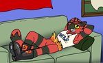 black_boots black_clothing black_footwear boots clothing footwear furniture jewelry male pendant rocket_boots shirt shoes sofa solo tank_top topwear nx-42 nintendo pokemon tahu_(incineroar) generation_7_pokemon incineroar pokemon_(species) hi_res