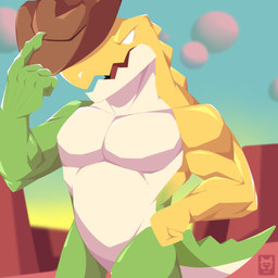 4_fingers anthro candy clothing cowboy_hat dessert empty_eyes featureless_crotch fingers food green_body hand_on_hip hat headgear headwear holding_clothing holding_hat holding_headgear holding_headwear holding_object logo male muscular muscular_anthro muscular_arms muscular_male neck_ridge outside pecs removing_hat sky solo tail white_body white_eyes yellow_body citsy_404 glitch_productions the_amazing_digital_circus gummigoo_(tadc) crocodile crocodilian food_creature living_candy reptile scalie 1:1 artist_logo digital_media_(artwork) hi_res