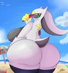 anthro arceus big_breasts big_butt blush bodily_fluids breasts butt clothing cloud detailed_background female fingers food generation_4_pokemon ghost_drawings green_eyes huge_breasts huge_butt legendary_pokemon looking_at_viewer multicolored_body nintendo nipples nude open_mouth overweight overweight_anthro overweight_female pokemon pokemon_(species) popsicle seaside sky slightly_chubby slightly_chubby_female solo sun surprised_expression swimwear tail thick_thighs two_tone_body umbrella water wide_hips