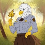 3_fingers anthro autumn autumn_leaves badge beak blue_eyes blurred_background bottomwear breast_pockets clothing dress_shirt female fingers leaf long_sleeve_shirt serene shirt skirt smile solo stretched_clothing topwear uniform deerwalker accipitrid accipitriform avian bald_eagle bird eagle sea_eagle 1:1 flat_colors hi_res line_art