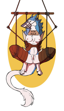 anthro anus bdsm bondage bound breasts clitoral_hood female genitals muzzle_(object) prehensile_clitoral_hood solo spread_legs spreading suspension suspension_bondage tail tail_tuft tuft vulva unknown_artist morpheuskibbe sergal absurd_res hi_res