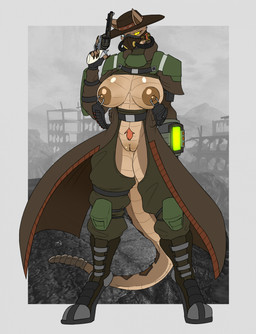anthro big_breasts breasts brown_body brown_scales chaps clothing coat cowboy_hat exposed_breasts female front_view gas_mask genitals gun handgun hat headgear headwear heterochromia holding_gun holding_handgun holding_object holding_pistol holding_ranged_weapon holding_revolver holding_weapon huge_breasts knocker_piercing long_tail mask nipple_piercing nipples non-mammal_breasts piercing pistol pubes ranged_weapon rattle_(anatomy) revolver scales solo standing tail teeth thick_thighs topwear trenchcoat ventral_scales vulva weapon wide_hips chorsinnell39 fallout microsoft hybrid night_stalker_(fallout) reptile scalie snake hi_res