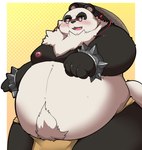 anthro asian_clothing belly belly_tuft blush bracelet bulge clothing east_asian_clothing eyewear fundoshi fur glasses japanese_clothing jewelry male moobs multicolored_body multicolored_fur nipples overweight solo spiked_bracelet spikes tuft underwear kusosensei mihoyo zenless_zone_zero pan_yin_hu bear giant_panda mammal 2025 hi_res
