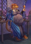 anthro barefoot belly belly_overhang big_belly big_breasts breasts claws clothing container cup dress drumstick_(food) eating feet female food goblet hair huge_belly jewelry navel necklace non-mammal_breasts non-mammal_navel overweight overweight_anthro overweight_female red_hair solo standing toe_claws azsola dungeons_and_dragons hasbro mythology wizards_of_the_coast dragon dragonborn_(dnd) mythological_creature mythological_scalie scalie hi_res