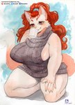 anthro big_breasts breasts cable_knit_jersey clothed clothing container cup female fur holding_container holding_cup holding_object kneeling multicolored_body multicolored_fur solo sweater thick_thighs topwear two_tone_body two_tone_fur virgin_killer_sweater murazaki meme_clothing domestic_cat felid feline felis mammal absurd_res hi_res meme painting_(artwork) traditional_media_(artwork) watercolor_(artwork)